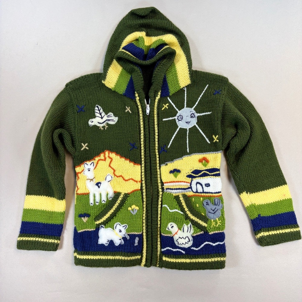 Hand Knit Peruvian Style Hoodie Kids 4/5 Green Llama Animal Sweater Zip